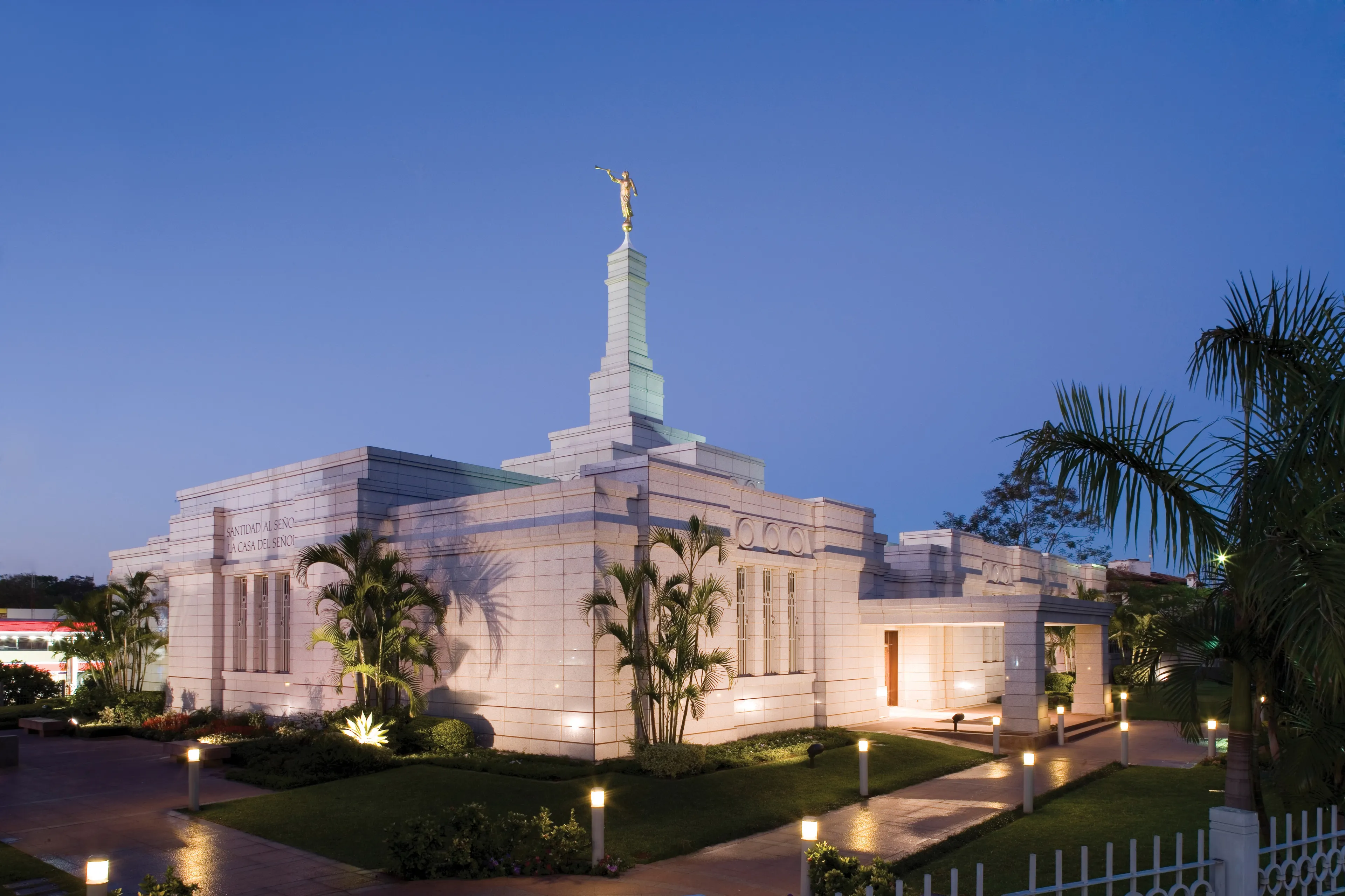 The Asunción Paraguay Temple is lit up at night.