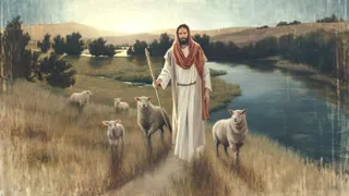 Jesus Christ walking along a path  by a river. There are a number of sheep following him. 