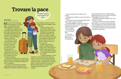 PDF della pagina con illustrazioni di una bambina che abbraccia la sorella maggiore e della bambina seduta con sua madre a colazione mentre leggono una rivista