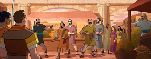 People take Paul and Silas to the marketplace.