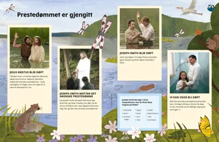 PDF-side med en elv med dyreliv som bakgrunn og overlagte bilder av Jesus Kristus, Joseph Smith og en jente fra vår tid som blir døpt