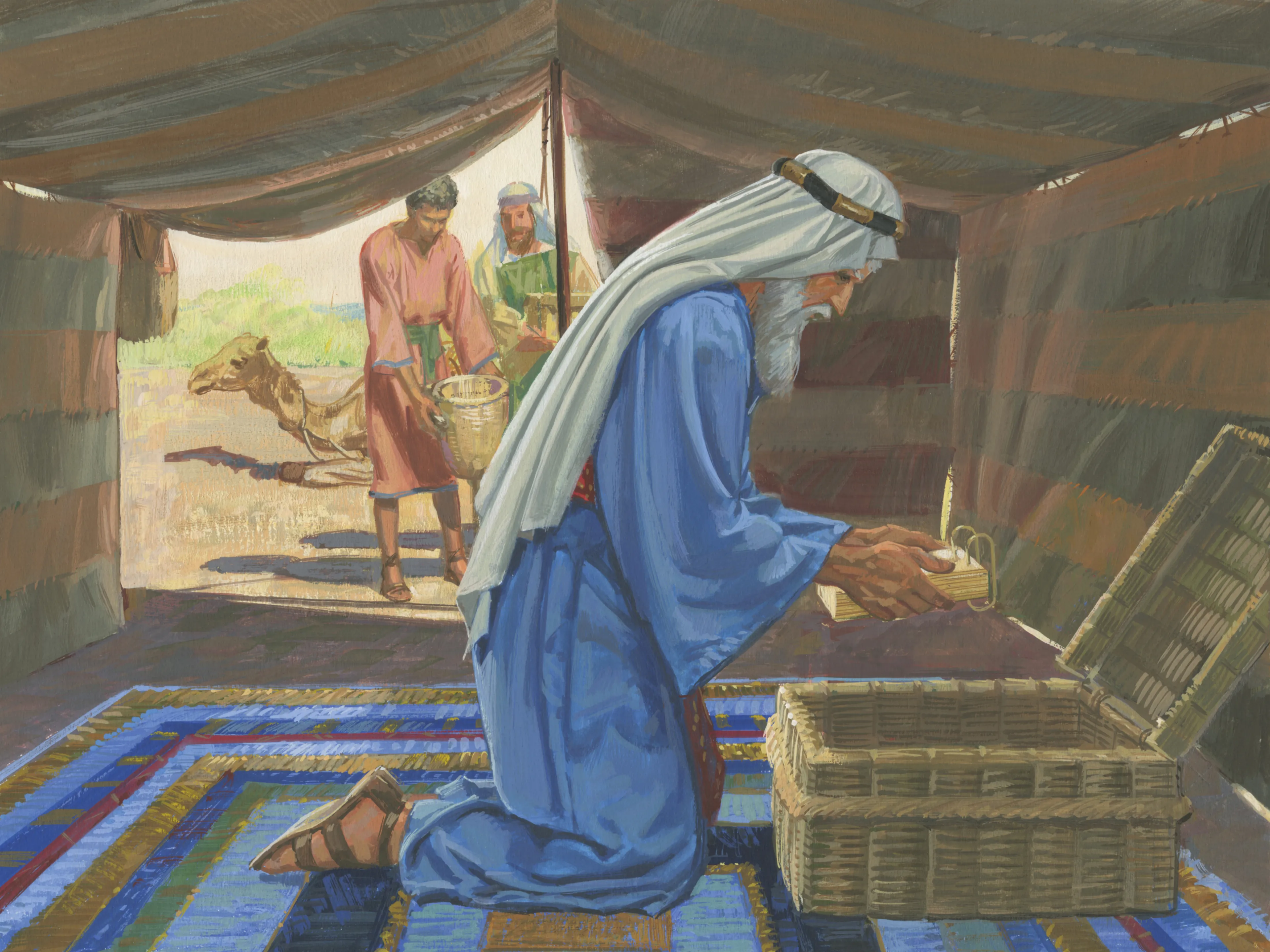 A painting by Jerry Thompson depicting Lehi and the brass plates; Primary manual 3-44