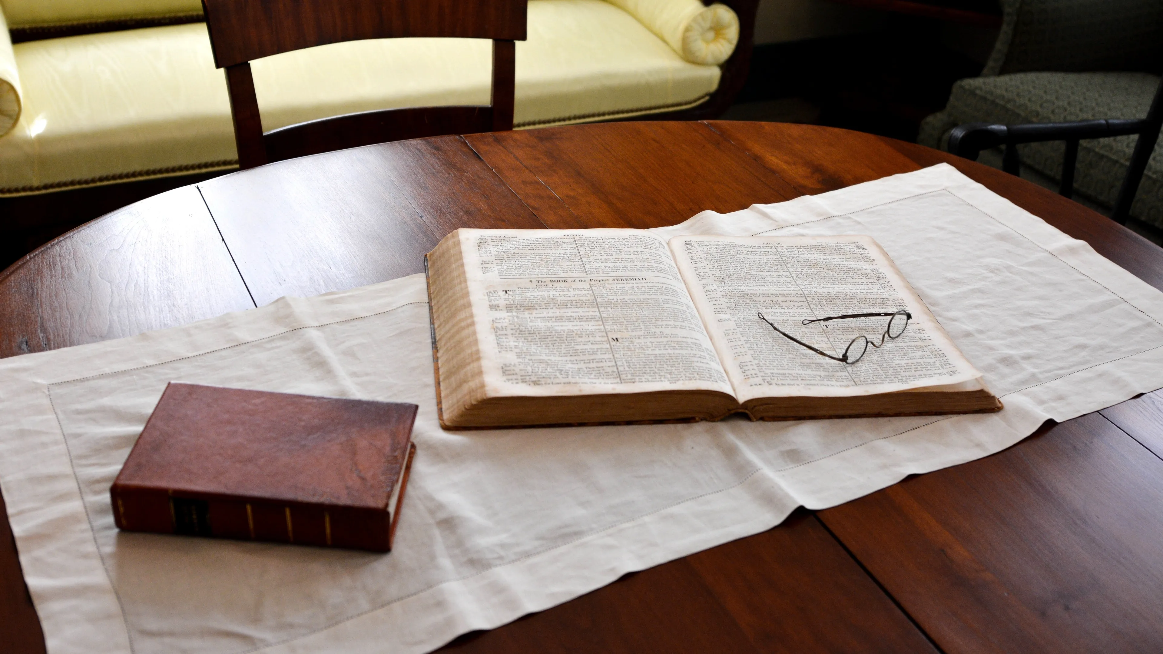 A pair of scriptures open on a table at the John Johnson farm in Hiram, Ohio.