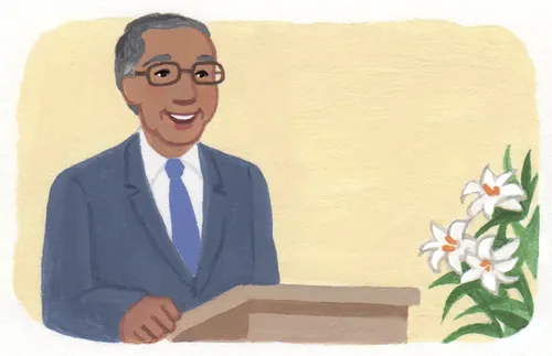 bishop speaking at podium