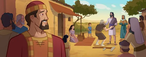 Simon watching an Apostle heal a man.