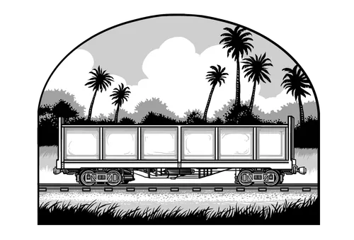 an open freight car sitting on train tracks in a tropical setting