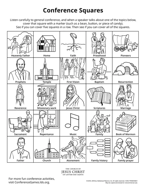 An activity page of squares that encourages children to listen and engage while watching General Conference.