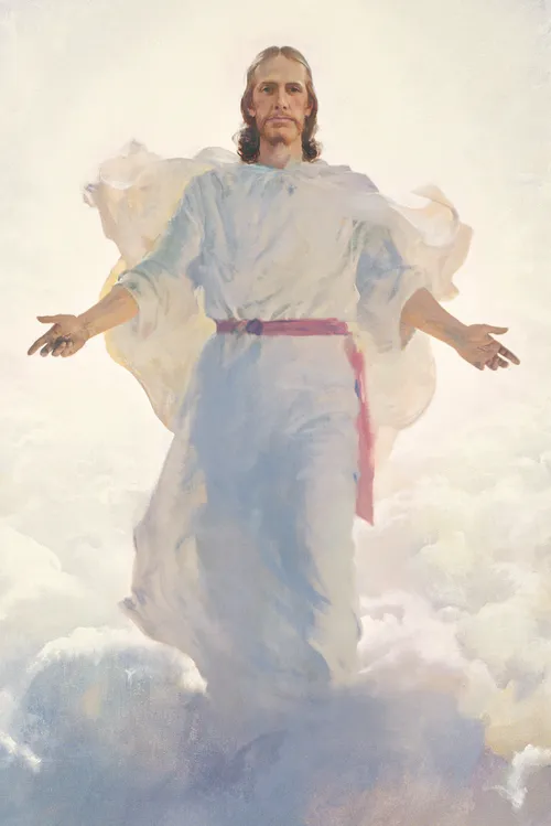 The resurrected Jesus Christ (wearing white robes with a magenta sash) standing above a large gathering of clouds. Christ has His arms partially extended. The wounds in the hands of Christ are visible.