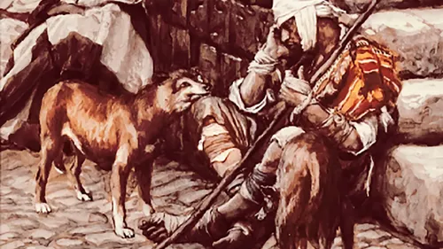 Lazarus in rags, sitting at the foot of stairs