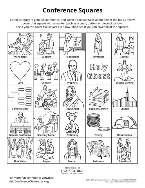 An activity page of squares that encourages children to listen and engage while watching General Conference.