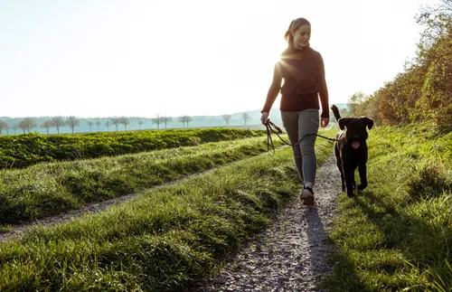 young woman walking with her dog on a dirt road