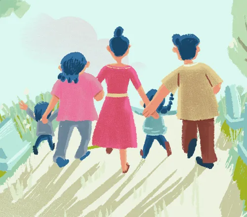 Family walking through cemetery