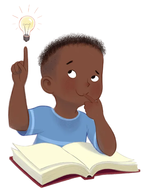 Boy pointing upward with elbow on open book