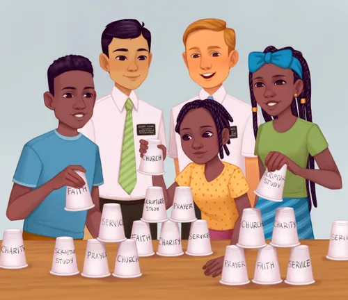 Siblings stacking cups while missionaries watch