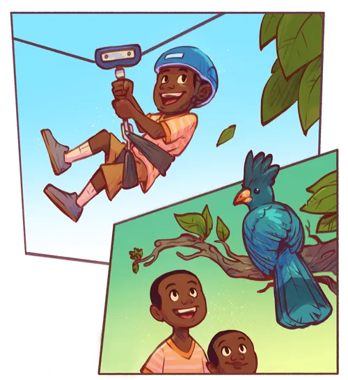 Boy ziplining and looking at a bird