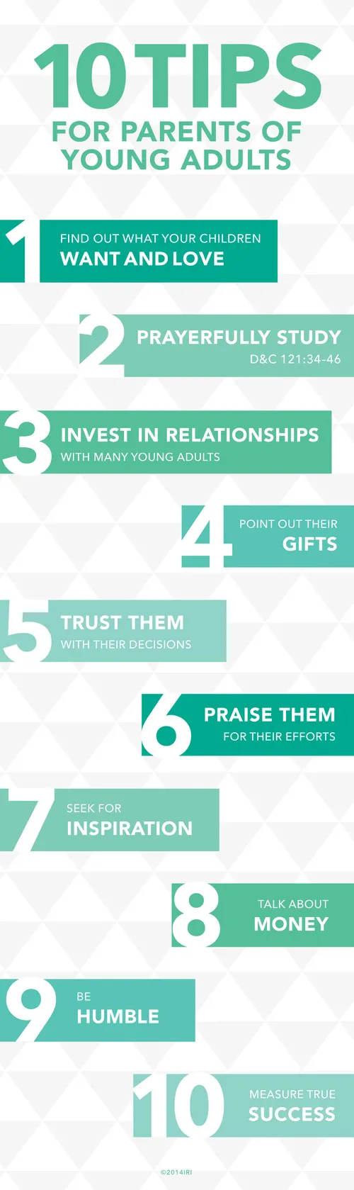 A green and white diamond-patterned graphic showing 10 tips for parents of young adults.