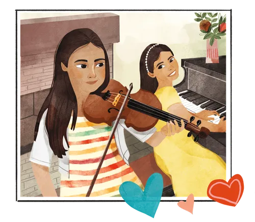sisters playing violin and piano