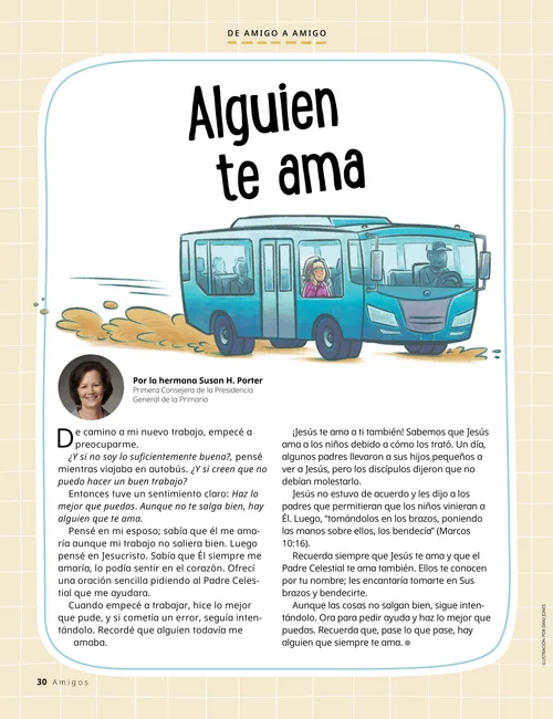 Página en PDF con una ilustración de una mujer sentada en un autobús