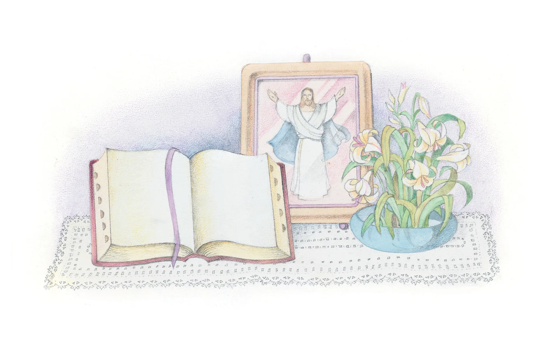 The Bible is open next to a picture of the resurrected Christ and a bowl of lilies. From the Children’s Songbook, page 116, “The Books in the New Testament”; watercolor illustration by Phyllis Luch.