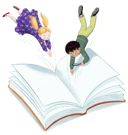 Girl and boy diving into the pages of a giant book