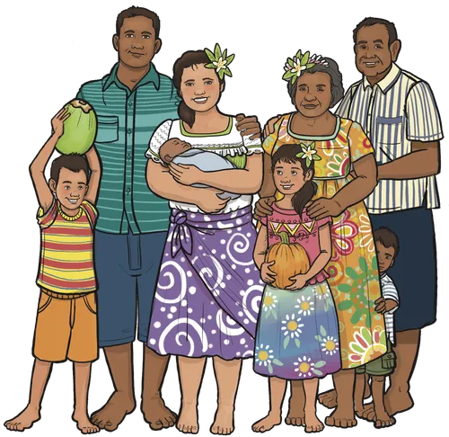 En familie med forældre, børn og bedsteforældre