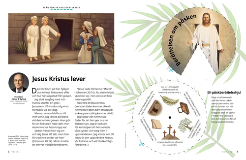 Pdf med illustration av två änglar som pratar med två kvinnor utanför den tomma graven; plus en urklippsaktivitet med påskberättelse-hjul.