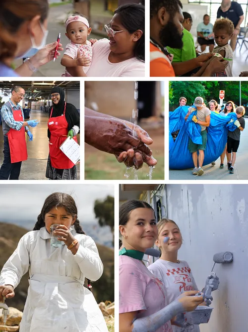 cover art depicting various scenes of welfare volunteers and recipients