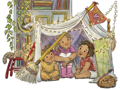 Girls sitting in a fort made of blankets and pillows