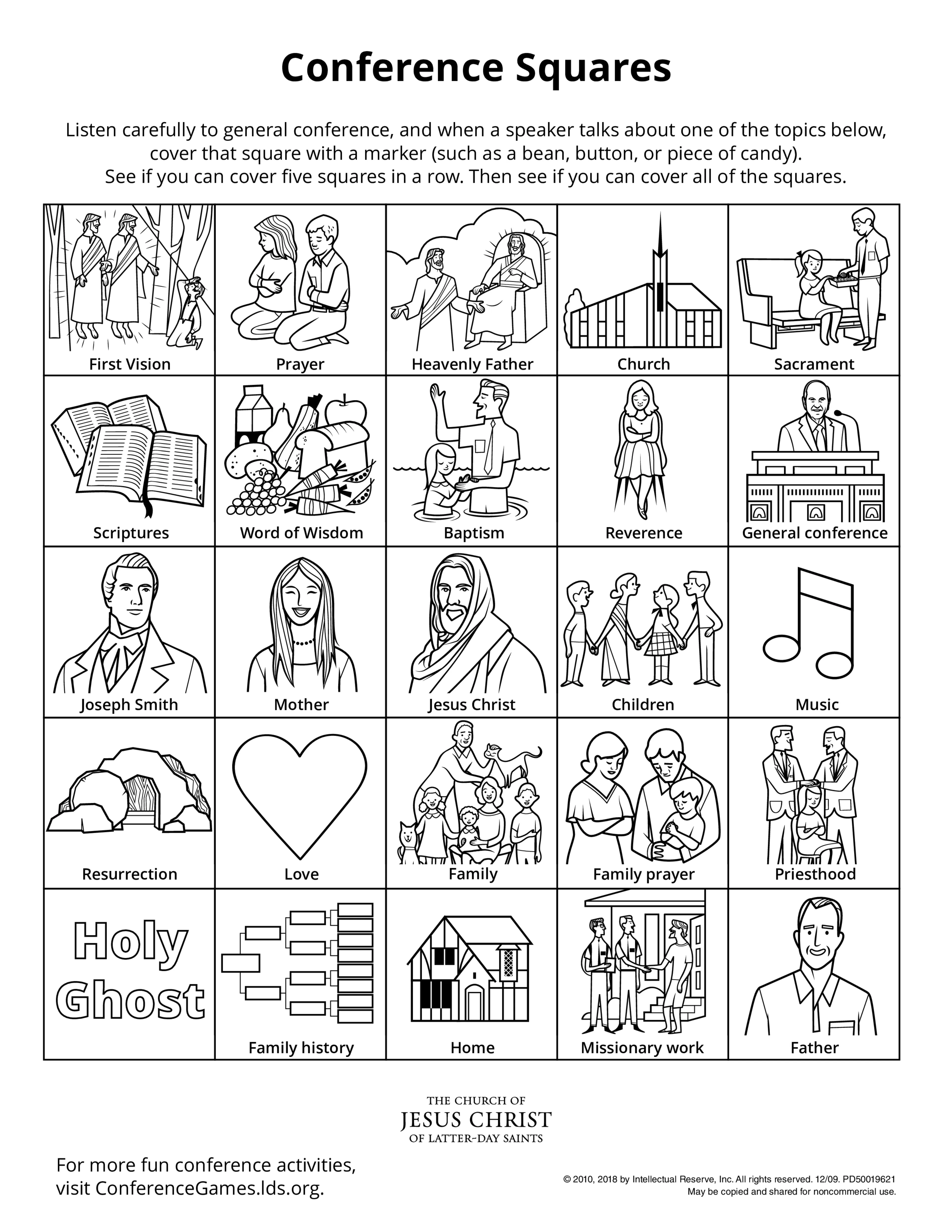 An activity page to encourage children to listen and engage while watching general conference.