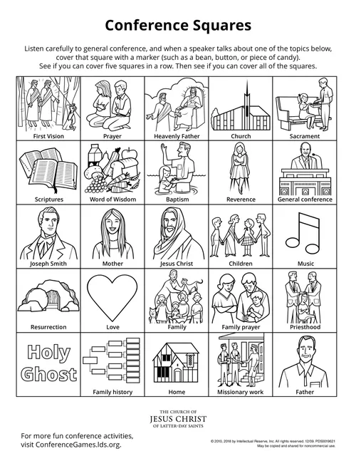 An activity page of squares that encourages children to listen and engage while watching General Conference.