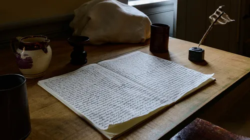 The Book of Mormon manuscript set on a table