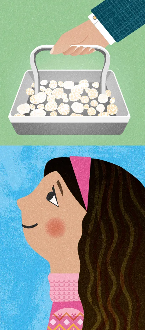 Sacrament tray and girl looking up and looking peaceful