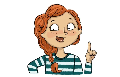 girl smiling and pointing up