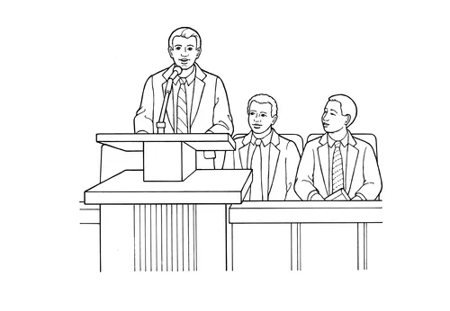 A black-and-white illustration of a bishop on the stand speaking into the microphone while his two counselors sit behind him to the right.