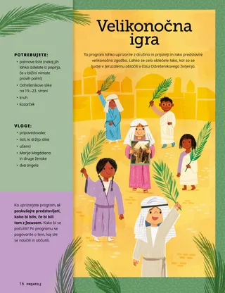 Stran z ilustracijo otrok, oblečenih v svetopisemska oblačila, ki držijo palmove liste, v PDF-ju