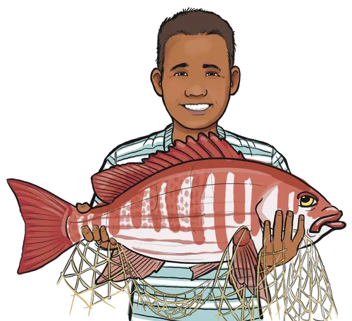 En dreng med en fisk og et net