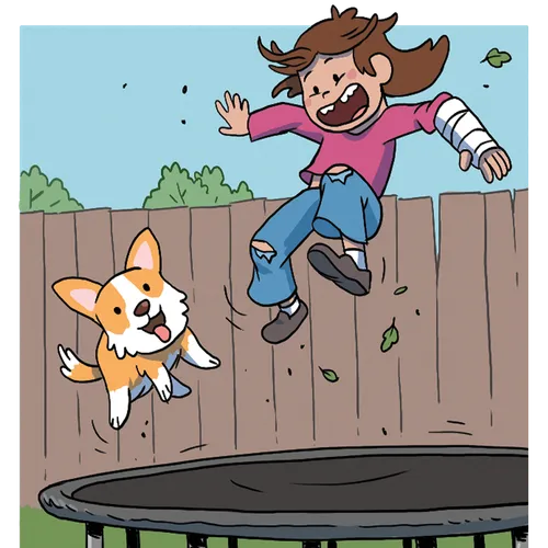 girl and dog on trampoline