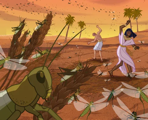 Illustration of Egyptian people trying to get away from locusts