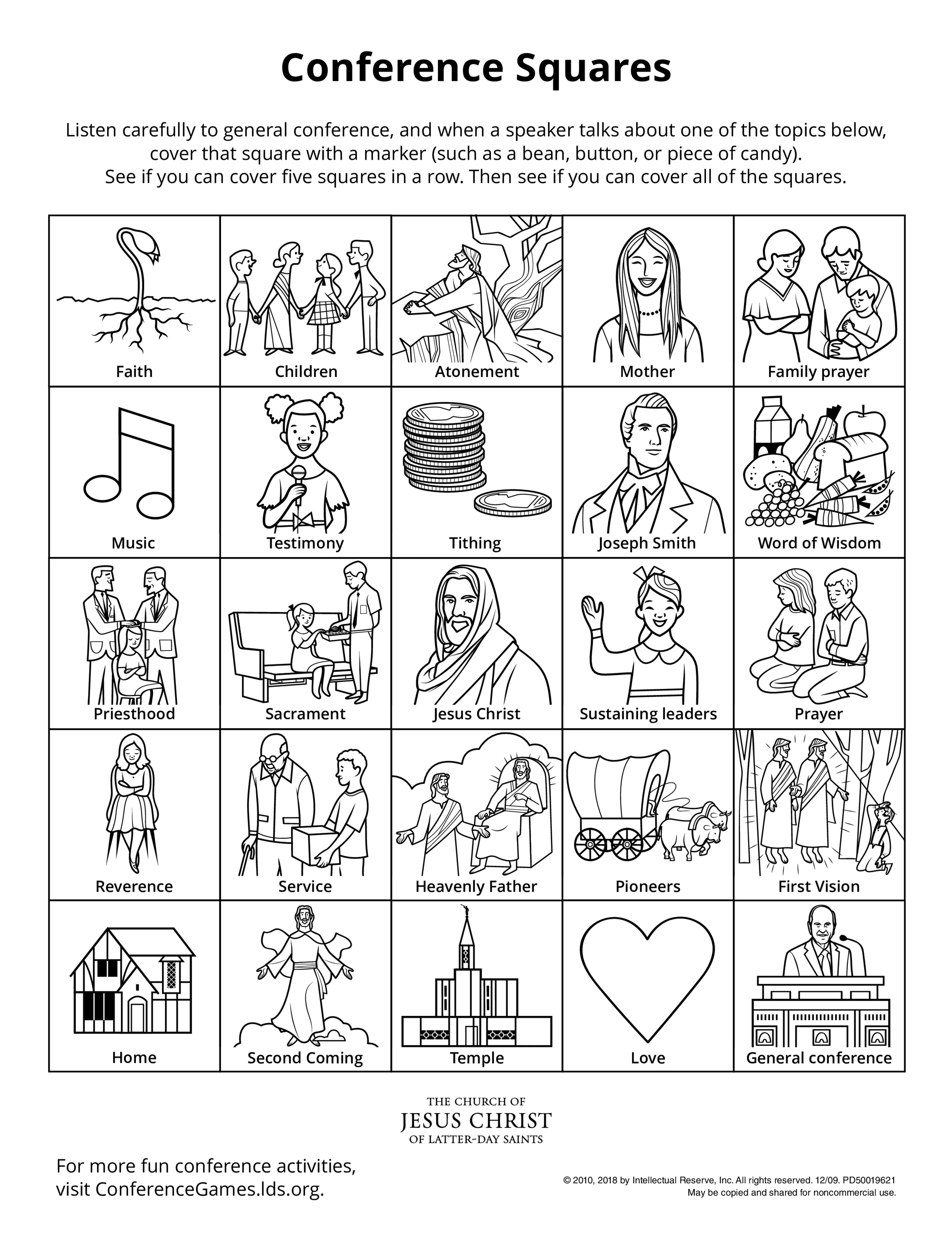 An activity page to encourage children to listen and engage while watching general conference.