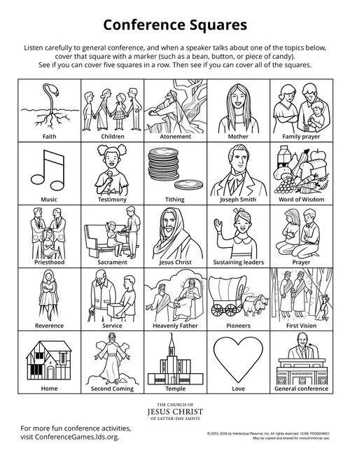 An activity page of squares that encourages children to listen and engage while watching General Conference.