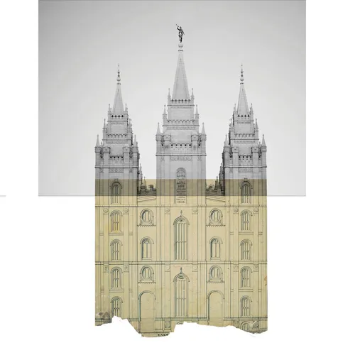 drawing and photo of Salt Lake Temple combined