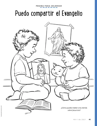 coloring page of boy showing picture of Jesus