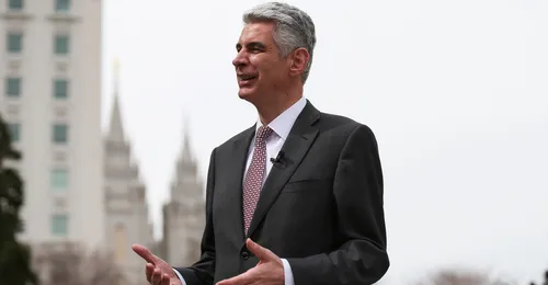 Bishop Gérald Caussé speaking on Temple Square