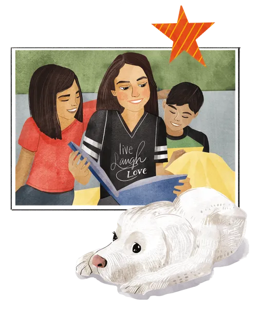 Angeline reading with siblings and dog