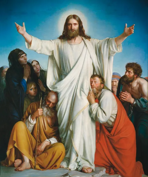 Jesus with arms outstretched, surrounded by people
