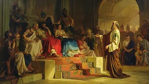 Paul standing in front of Herod Agrippa II, King Agrippa’s sister Bernice, and Porcius Festus