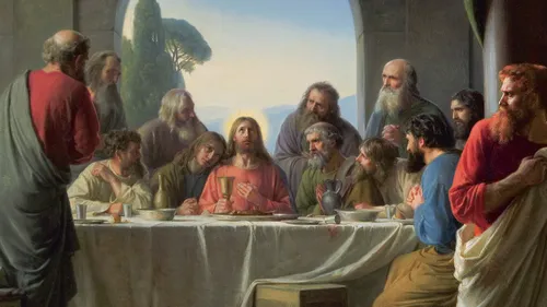 Christ and the disciples at the Last Supper while Judas leaves