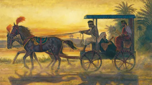 Philip teaching the gospel to an Ethiopian as they ride in a chariot