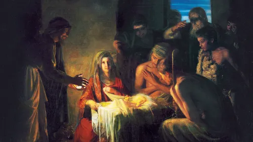 shepherds look at baby Jesus