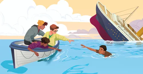 boy swimming to lifeboat, with sinking ship in background